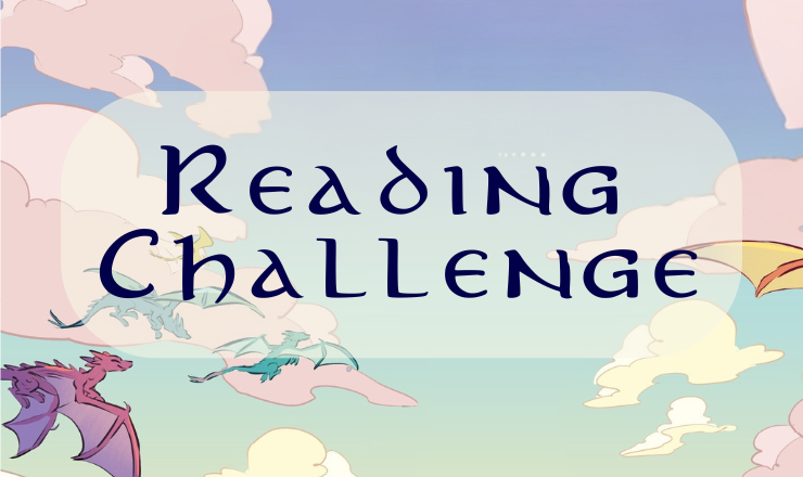 Reading Challenge label over graphic of dragons flying in clouds
