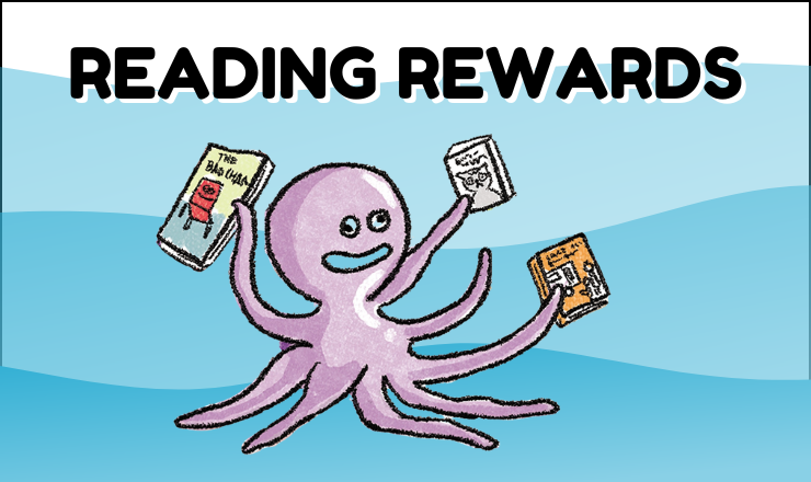 Reading rewards with graphic of purple octopus waving three books