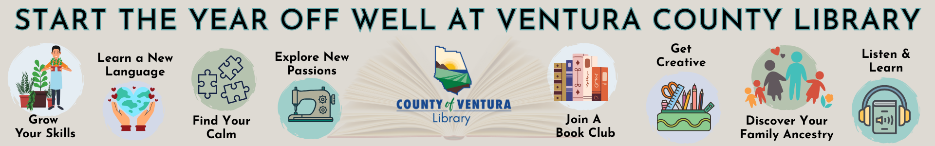 Banner Encouraging People to use Ventura County Library to Start off the Year Well